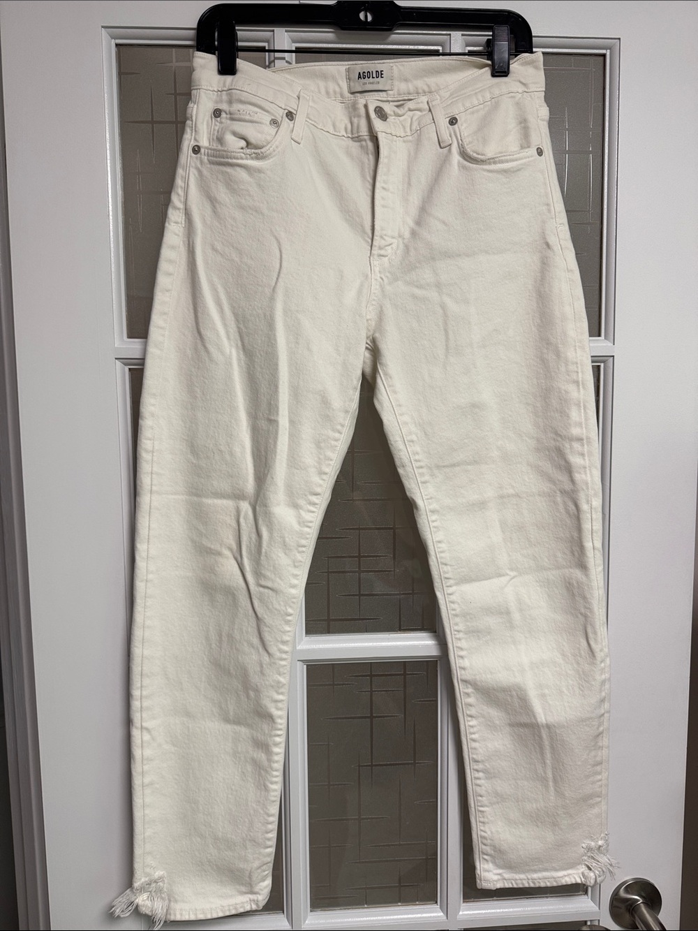 Agolde Off-White Slim Straight Jeans with Raw Hem